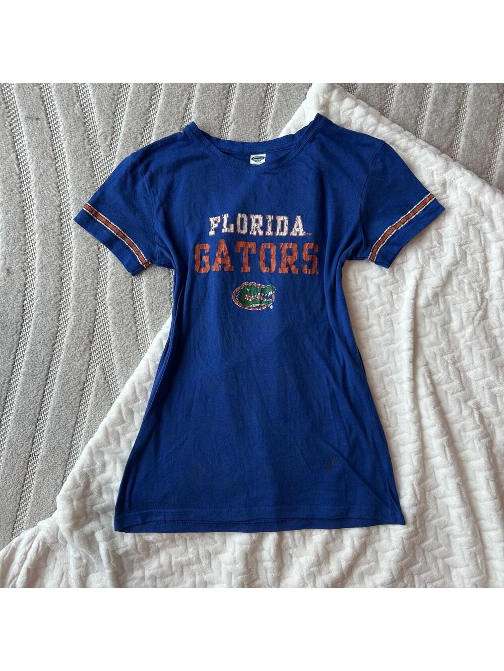Blue Florida Gators polyester & cotton t-shirt with white & orange text and alli